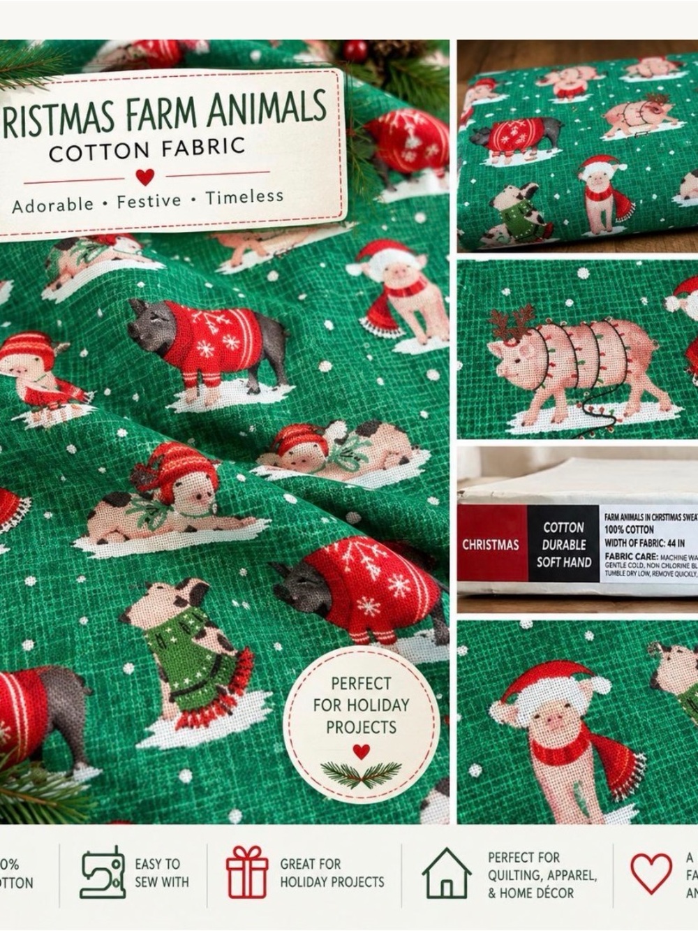 Christmas Farm Pigs Holiday Cotton Fabric